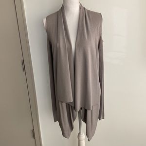 Donna Karan cold shoulder draped open front sweater